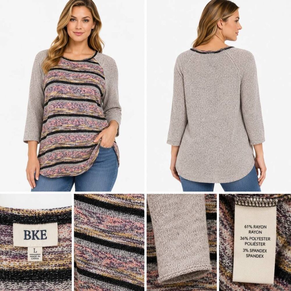 BKE Women's Striped Raglan Knit Top Size Large Multicolor Long Sleeve Pullover